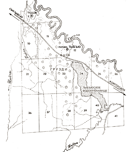 Карта: Груздовики у Тыбъюсского водохранилища в Койгородском районе Коми