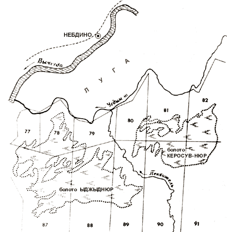 Карта грибных и ягодных мест в районе села Небдино Республики Коми