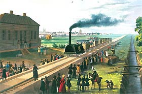 30 октября 1837 года. Прибытие первого поезда на станцию Царское Село. (Раскрашенная литография 1837 года)