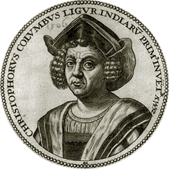 Христофор Колумб, гравюра франкфуртского ювелира, редактора и гравера  Иоганна Теодора Де Бри. 1590 год