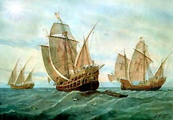 Первая экспедиция Христофора Колумба. Каравеллы «Санта-Мария» (в центре), «Пинта» (справа) и «Нинья»